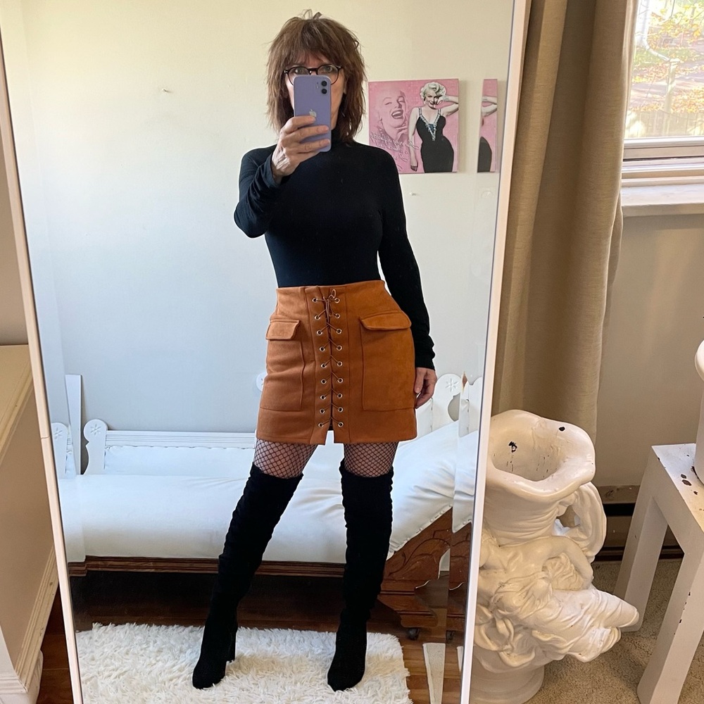 RUST ORANGE FAUX SUEDE PENCIL SKIRT ZIPPER LACED FRONT STRETCH COTTON BLEND